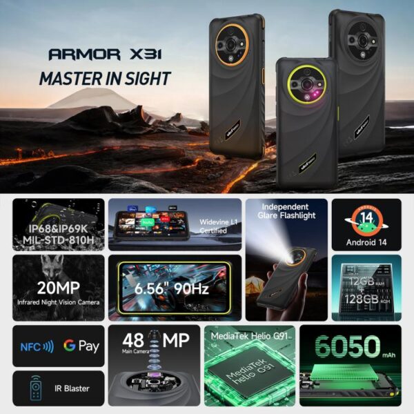 Ulefone Armor X31, 6 GB + 128 GB, visión nocturna, teléfono robusto IP68/IP69K, pantalla de 6,56 pulgadas, Android 14, MediaTek Helio G91 Octa Core, conectividad 4G, NFC, OTG - Imagen 2