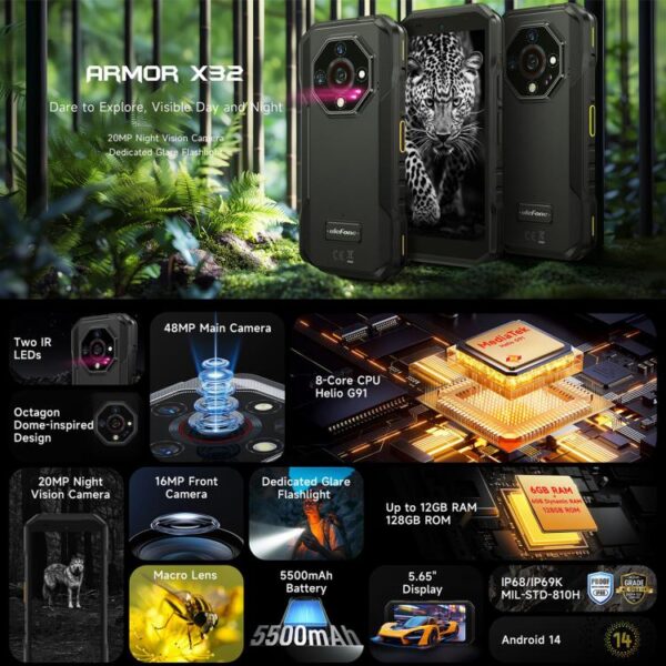 Ulefone Armor X32 Rugged Phone, 8GB+256GB, Night Vision, 5.65 inch Android 14 MediaTek Helio G91 Octa Core, Network: 4G, NFC, OTG - Imagen 2