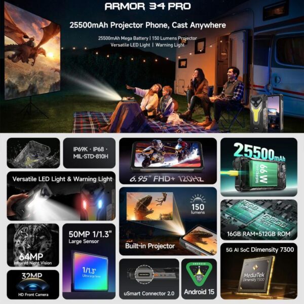 Ulefone Armor 34 Pro, 16GB+512GB, Night Vision, IP68/IP69K Rugged Phone, 6.95 inch Android 15 MediaTek Dimensity 7300 Octa Core, Network: 5G, NFC, OTG - Imagen 4