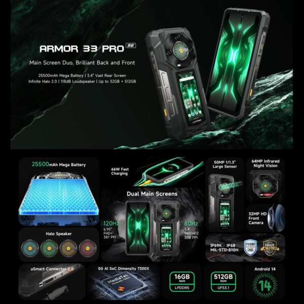 Ulefone Armor 33 Pro Rugged Phone, 16GB+512GB, Night Vision, 6.95 inch + 3.4 inch Dual Screen Android 14 MediaTek Dimensity 7300X Octa Core, Network: 5G, OTG, NFC - Imagen 5