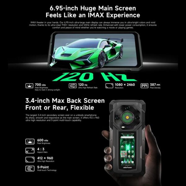 Ulefone Armor 33 Pro Rugged Phone, 16GB+512GB, Night Vision, 6.95 inch + 3.4 inch Dual Screen Android 14 MediaTek Dimensity 7300X Octa Core, Network: 5G, OTG, NFC - Imagen 6