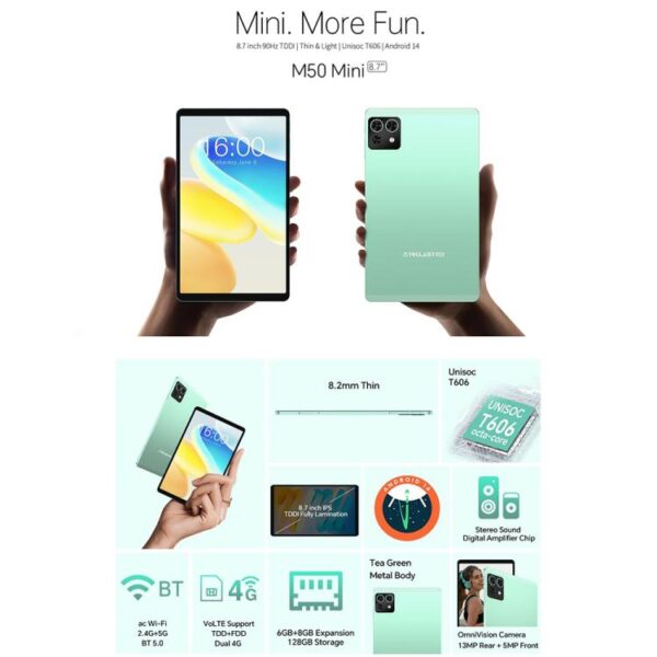 Tableta Teclast M50 Mini WiFi, 4 GB + 128 GB, 8,7 pulgadas, Android 15, Unisoc T606, ocho núcleos - Imagen 3
