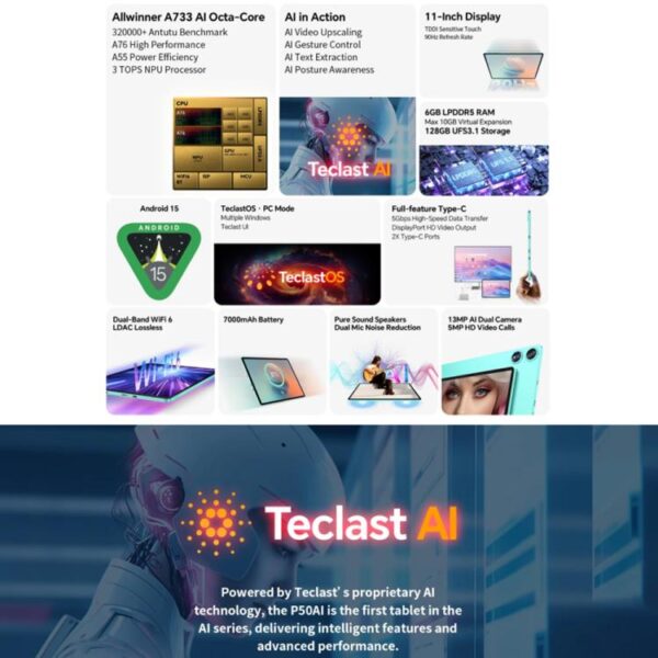Tableta Teclast P50AI WiFi, 6 GB + 128 GB, 11 pulgadas, Android 15, Allwinner A733, ocho núcleos, con NPU - Imagen 4